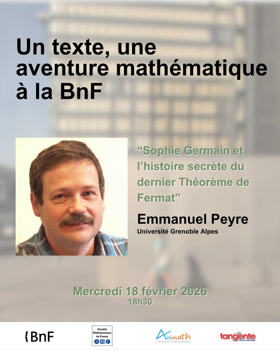 Asso_Animath's tweet photo. 🎓 Le cycle « Un texte, une aventure mathématique » commence aujourd'hui !
Enseignant·e· s : ne ratez pas la prochaine session :  
“Sophie Germain et l’histoire secrète du dernier Théorème de Fermat” par Emmanuel Peyre
🔗 https://t.co/eyYzKjB3Hb https://t.co/qv7GJutWce