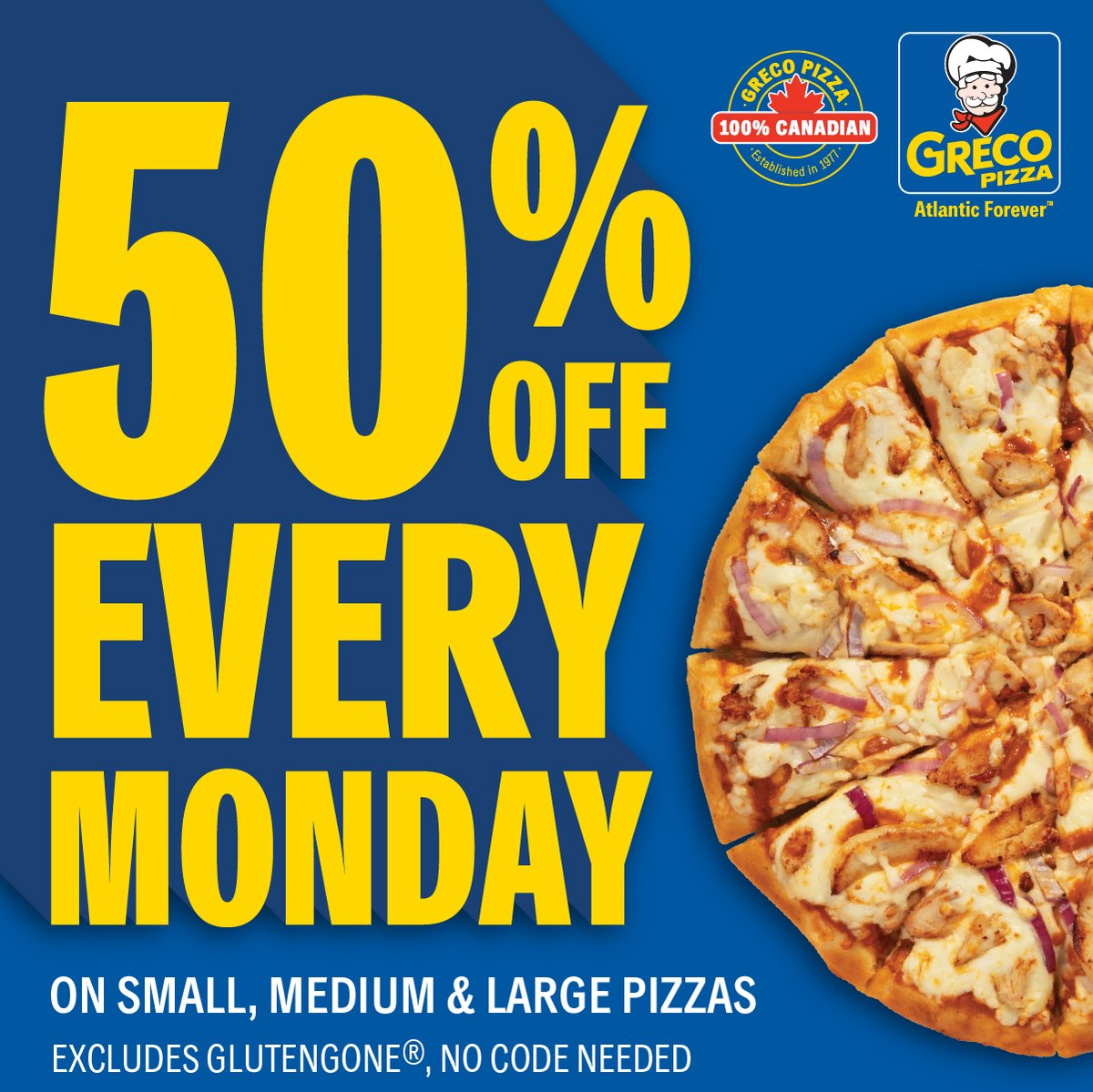 🎉🍕 Monday blues? Not here! Grab 50% off any Small, Medium, or Large Pizza at Greco 😋 No code needed—just tasty savings! (Gluten-Free Pizza not included) Order at Greco.ca or call 310.30.30 📞 Kickstart your week with half-price pizza joy!