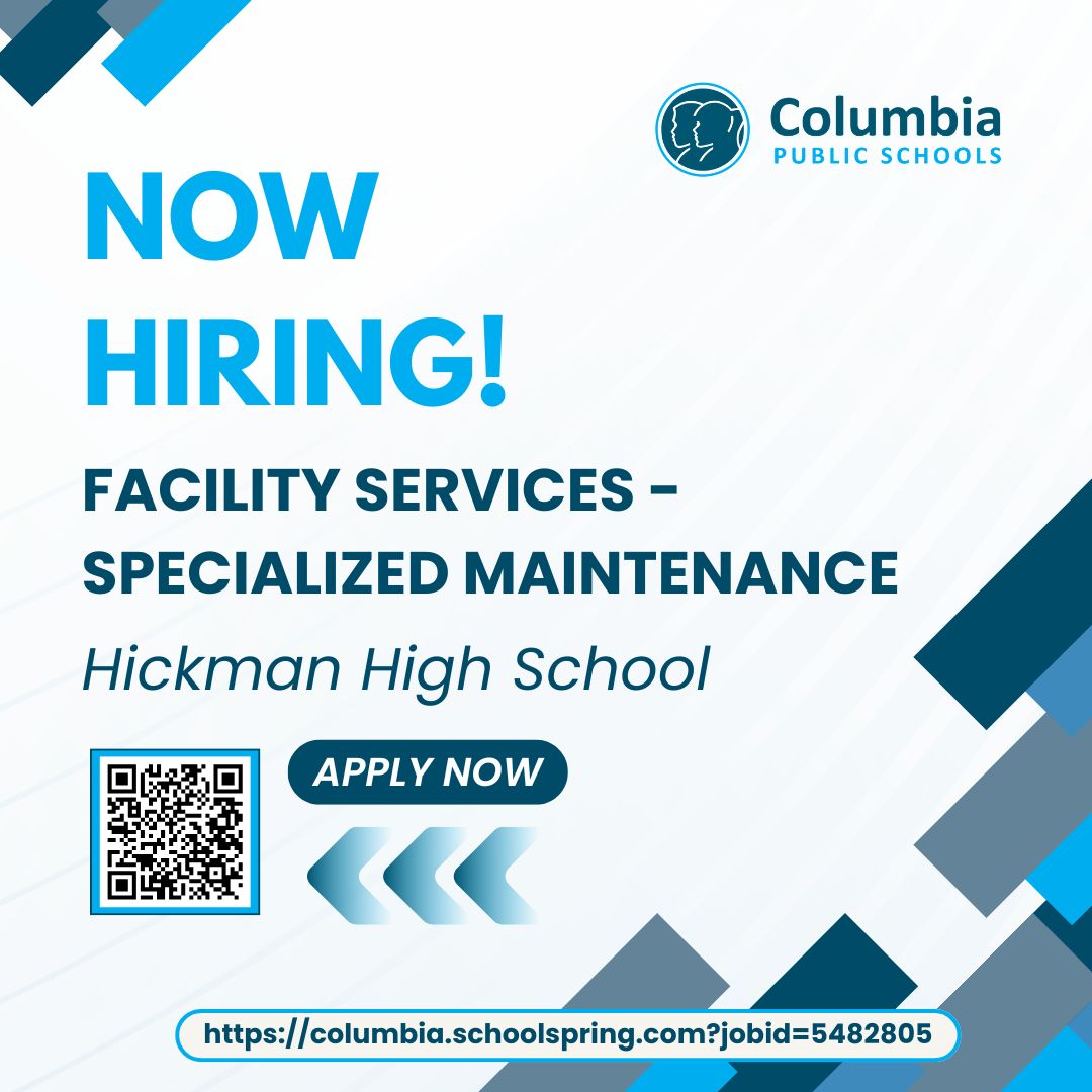 Columbia Public Schools is now hiring for Specialized Maintenance! If you or someone you know is interested, apply today! columbia.schoolspring.com/?jobid=5482805
