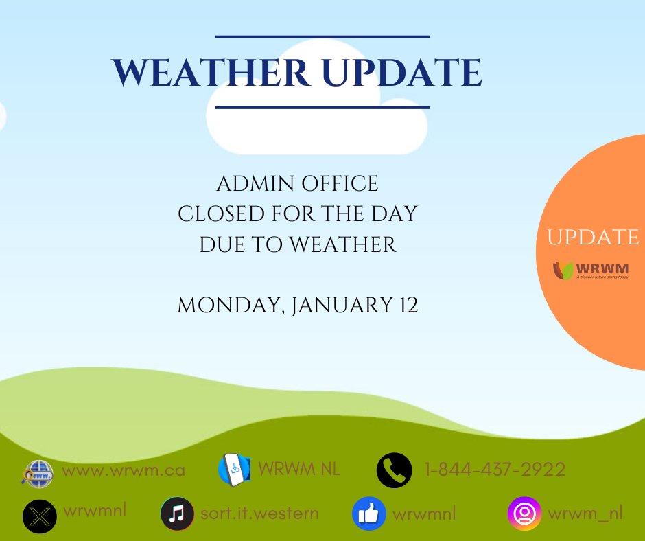 Due to weather, WRWM admin office will remain closed for the day. Transfer Stations remain open at this time. 

#nlwx #update