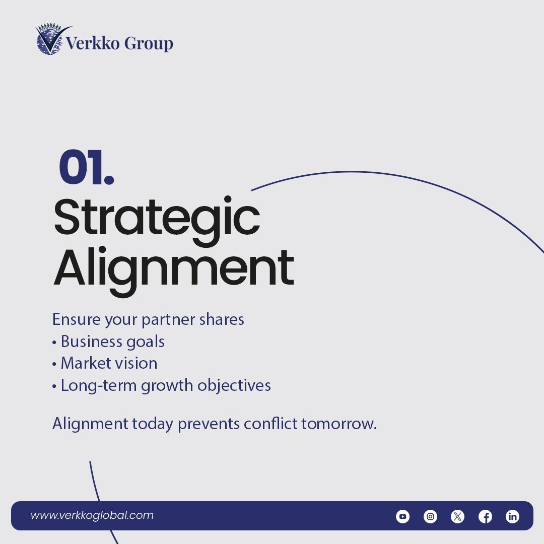 VerkkoGroup's tweet photo. Before signing any JV or merger, choose a partner who moves in the same direction as your business.

Verkko helps you evaluate partners across strategy, finances, reputation, operations, and compliance so you can build with confidence.

✅ Strategic alignment of goals and vision
✅ Financial stability for sustainable growth
✅ Strong market reputation and track record
✅ Operational synergy in culture, processes, and tech
✅ Legal and compliance fit for long‑term security

💡 With the right partner, every collaboration becomes a growth multiplier.

📩 Ready to unlock success together? DM Verkko Group to explore the right partnership for your next big move.

#VerkkoGlobal #UnlockingSuccess #StrategicPartnerships #MergersAndAcquisitions #BusinessGrowth
