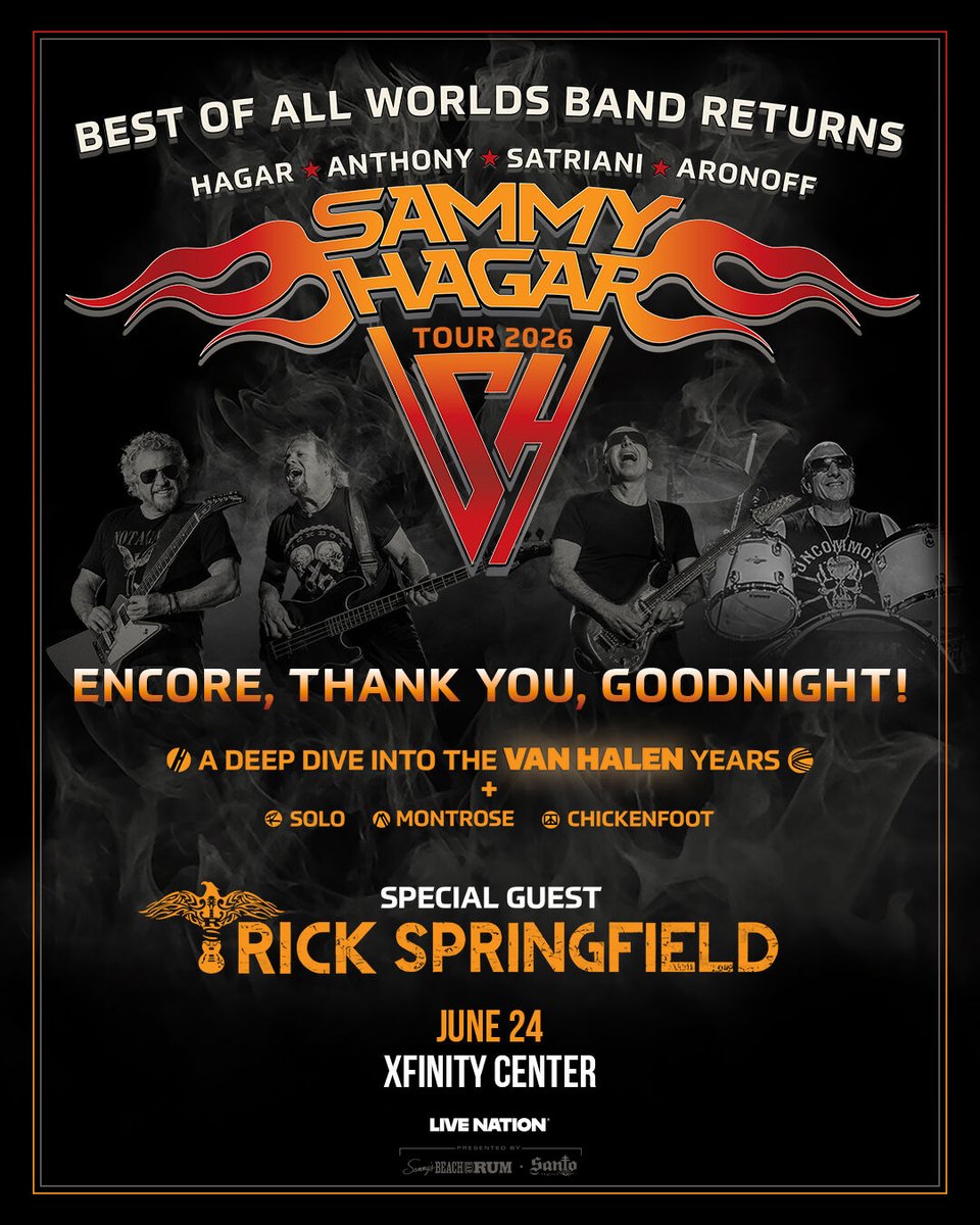 1057WROR's tweet photo. 🎸  JUST ANNOUNCED: Sammy Hagar is coming back to New England this summer and Rick Springfield is joining him! It's the "Best of All Worlds Tour" June 24th at the Xfinity Center in Mansfield! Tickets on-sale this Friday, January 16th at 10 AM! https://t.co/YAKv5eM0XW