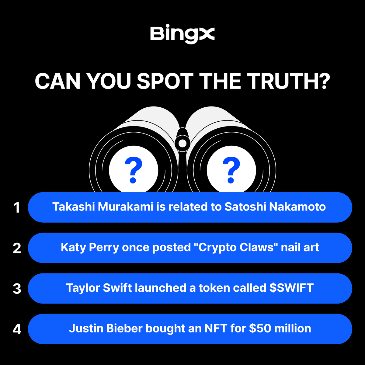 Time for a BingX Quiz! We're giving away 10 USDT to one correct answer. 🙂
 
To join:

Follow <a href="/BingXOfficial/">BingX</a>, like and repost.
 
Comment the answer. 👇