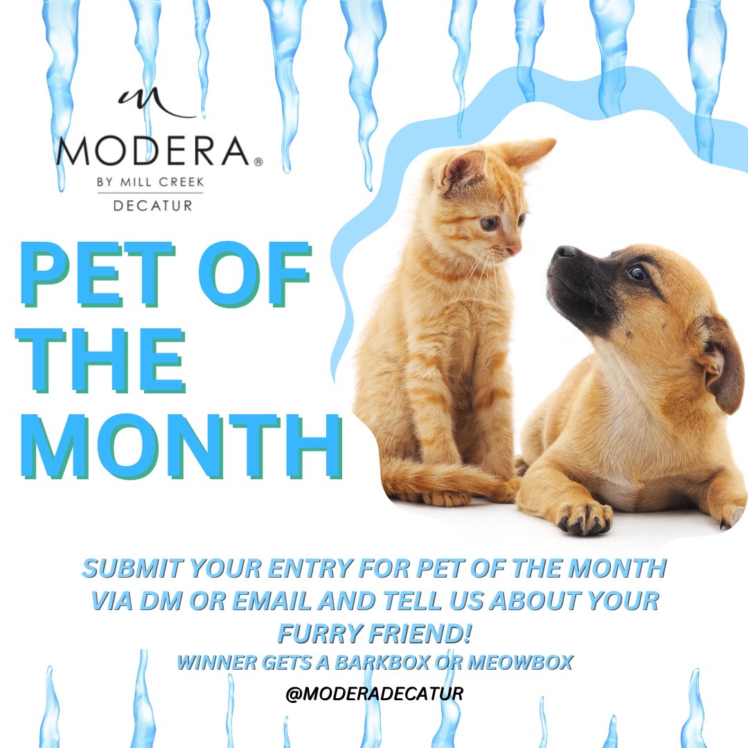 ModeraDecatur's tweet photo. IT'S A NEW YEAR! And that means NEW PET OF THE MONTH!!! 🐾

Submit your furry friend for our January Pet of the Month competition for a chance to win a Barkbox or Meowbox AND a Modera Decatur Pet of the Month Certificate🥳

HOW TO ENTER:
1. Email or DM us a picture of your... https://t.co/2HhqNVt2SJ