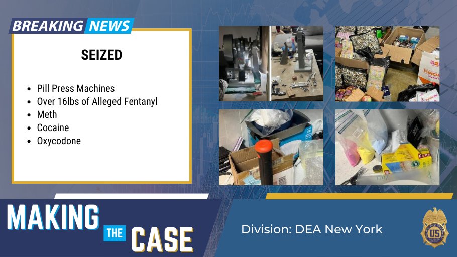 DEAHQ's tweet photo. #MakingTheCaseMonday @DEANewYorkdiv @snpnyc @nypdnews long-term investigation in Queens, N.Y., led to the seizure of pill press machines, over 16lbs of alleged Fentanyl, Meth, Cocaine & Oxycodone. Three men were arrested.
Learn more: https://t.co/v8531O9d76 https://t.co/IpIPKGv1mI