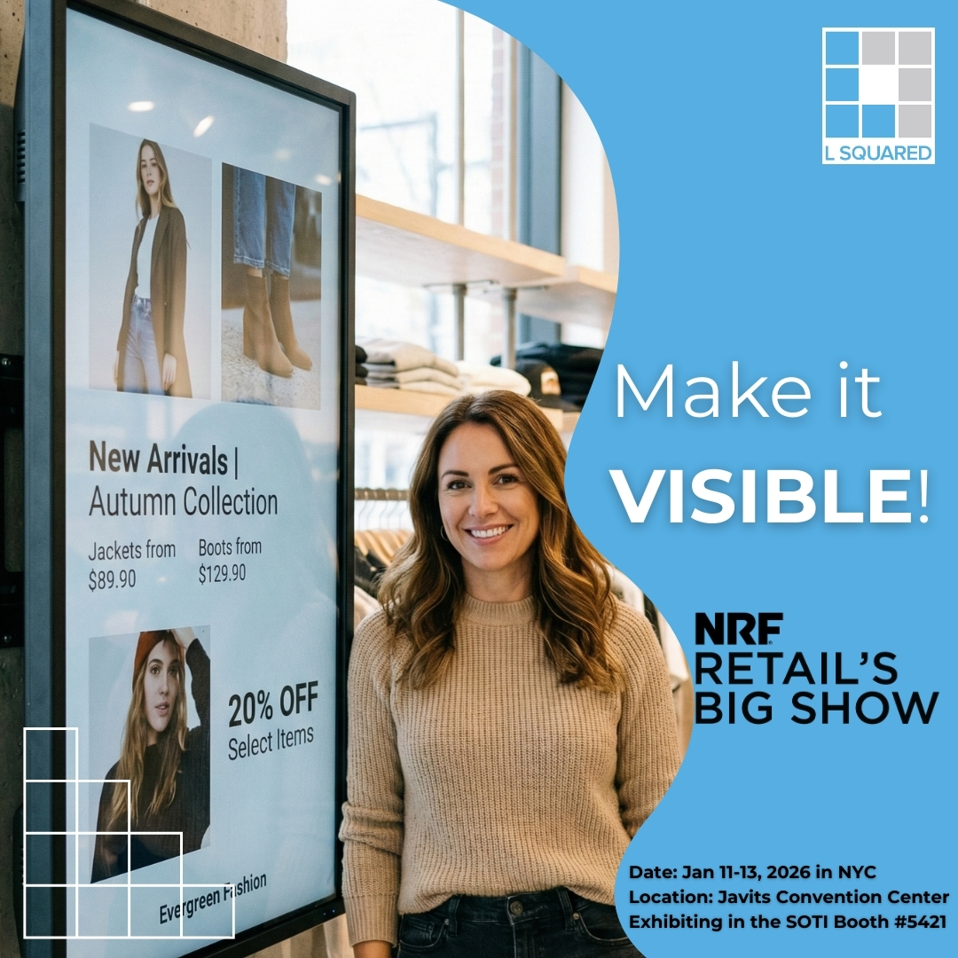 LSquaredDigital's tweet image. Retail communication shouldn’t feel complicated.

We’re live at NRF 2026, showing how L Squared helps teams manage screens with confidence - fewer steps, clearer messaging, and better consistency across locations.

Find Us at Booth #5421

#NRF2026 #DigitalSignage 
"