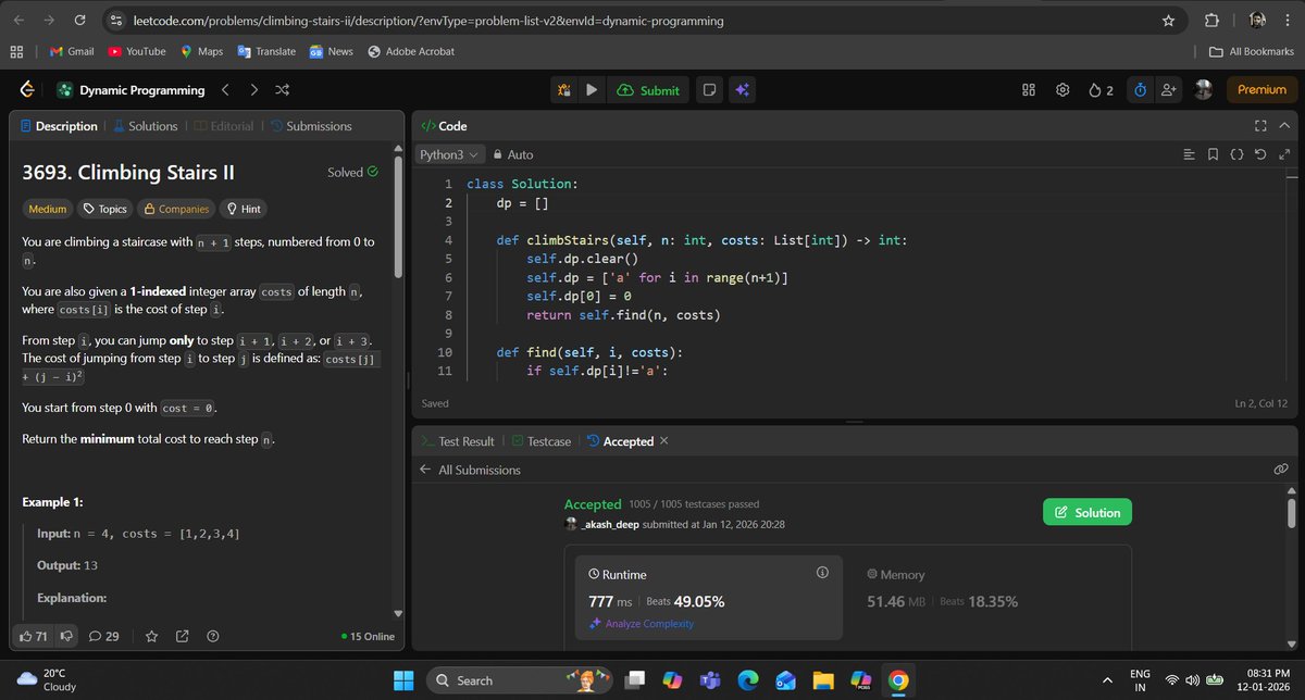_deep_star's tweet photo. Hello All, I completed #Day741 of #365DaysofCode Challenge with @scaler_official

Question: Climbing Stairs II

discord link: https://t.co/KZjzYqsRFf 

#letsconnect #scalerdiscordcommunity #codewithscaler #365daysofcodescaler #365DaysofCode https://t.co/Zewpb8ZXHb