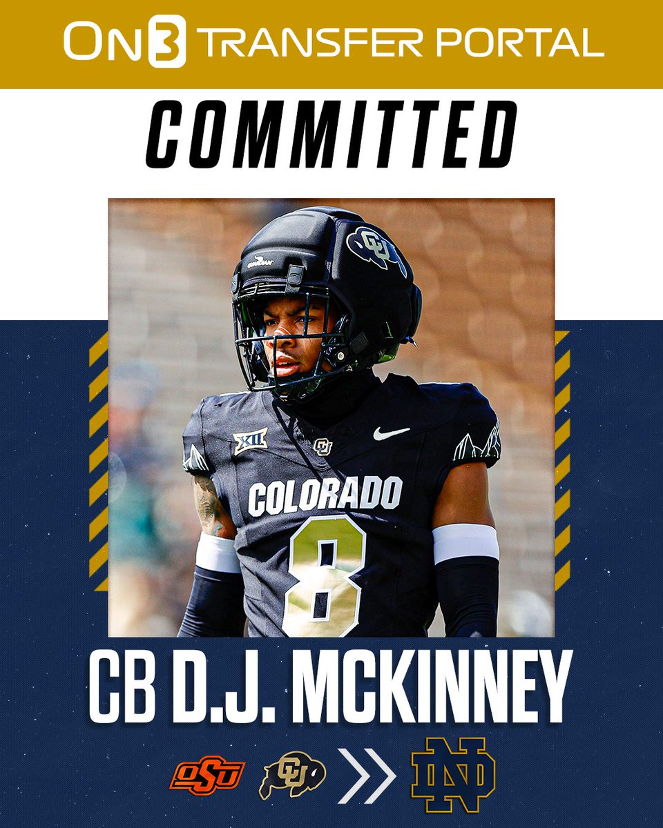 𝗕𝗥𝗘𝗔𝗞𝗜𝗡𝗚: It's for real this time. Colorado CB transfer DJ McKinney will play for Notre Dame in 2026 🫡☘️

In two seasons with the Buffs, he posted 97 tackles, 14 PBUs and four interceptions.

Story: on3.com/teams/notre-da…