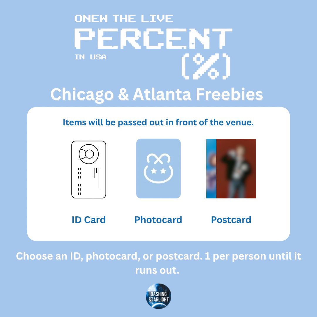 DashingSTL's tweet photo. 💎 Onew The Live: Percent in Chicago &amp; Atlanta Freebies 💎

Hello Shawols and Jjingus! We will be passing out freebies for the Chicago and Atlanta shows.

#SHINee #Onew #Jinki #onew_the_live_percent #onew_chicago https://t.co/LeEp3yEIup