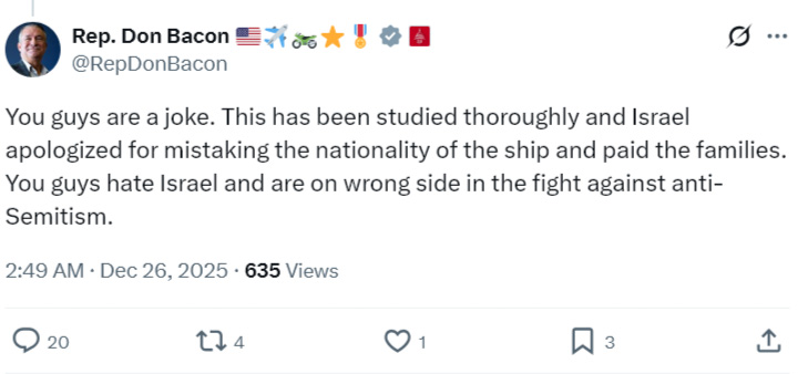 usslibertyvets's tweet photo. To: @RepDonBacon The attachment included in this comment is an example of the type of response we have grown to expect from Members of Congress.

It begins with, “You guys are a joke.” This is a sentiment common among Members of Congress but unique to survivors of the attack on the #USSLiberty. I think no one has ever addressed any other representative of a US military unit in such a crude and disrespectful manner.

Translation: “You guys expect ME to show some concern that you are victims of @IDF war crimes committed during the attack on your ship?”

It continues, “This has been studied thoroughly…”

This is a bald-faced lie. The attack on our ship has NEVER been investigated by the US government.

“Israel apologized for mistaking the nationality of the ship”

On what planet do you accept without question the claim of someone who has attacked a @USNavy ship, let alone someone who has committed War Crimes during the attack on our ship, while not only ignoring the survivors of the attack but refusing to enter a dialogue with us?

“paid the families” When have we ever mentioned money? This has never been about money. For anyone but Israel partisans, that is.

However, as you mentioned money, in 1980, it is alleged that Israel paid $6,000,000 for the ship’s damage. $6,000,000 for destroying a $40,000,000 ship that in 1980 and accounting for inflation would cost over $106,000,000 to replace.

“You guys hate Israel” We ask that the attack on our ship is thoroughly and professionally investigated and findings determined by an analysis of all the evidence available. How can anyone claim that this is tantamount to “hating Israel”?

Finally, the claim is that we “are on wrong (sic) side in the fight against anti-Semitism.”

The reason the attack is being discussed almost 59 years later is the failure of your predecessors in Congress to investigate the attack.

What side “in the fight against anti-Semitism” were they on?

The reason the attack is being discussed almost 59 years later is the refusal of you and your colleagues in Congress to investigate it.

What side “in the fight against anti-Semitism” are you on?