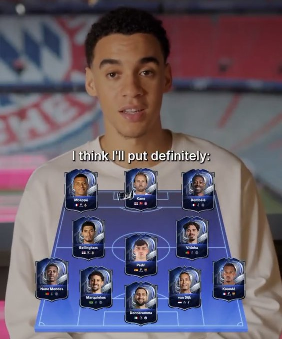 جمال موسيالا يختار فريقه المثالي لعام EA SPORTS FC: دوناروما. كوندي. فان دايك. ماركينيوس. نونو مينديز. جود بيلينغهام. بيدري. فيتينيا. كيليان مبابي. هاري كين. عثمان ديمبلي. تشكيلة تجمع بين القوة الدفاعية والإبداع الهجومي 