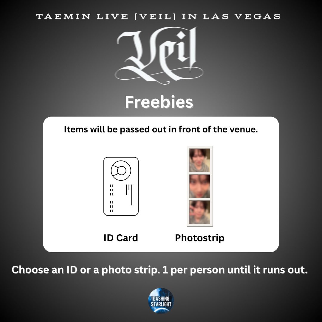 DashingSTL's tweet photo. 💎 Taemin Live [Veil] in Las Vegas Freebies 💎

Hello Shawols and Taemates! We will be passing out freebies for the Las Vegas. We have two type as shown on the post above.

#SHINee #Taemin #veil_in_las_vegas #veil https://t.co/8kn9sr9cEM