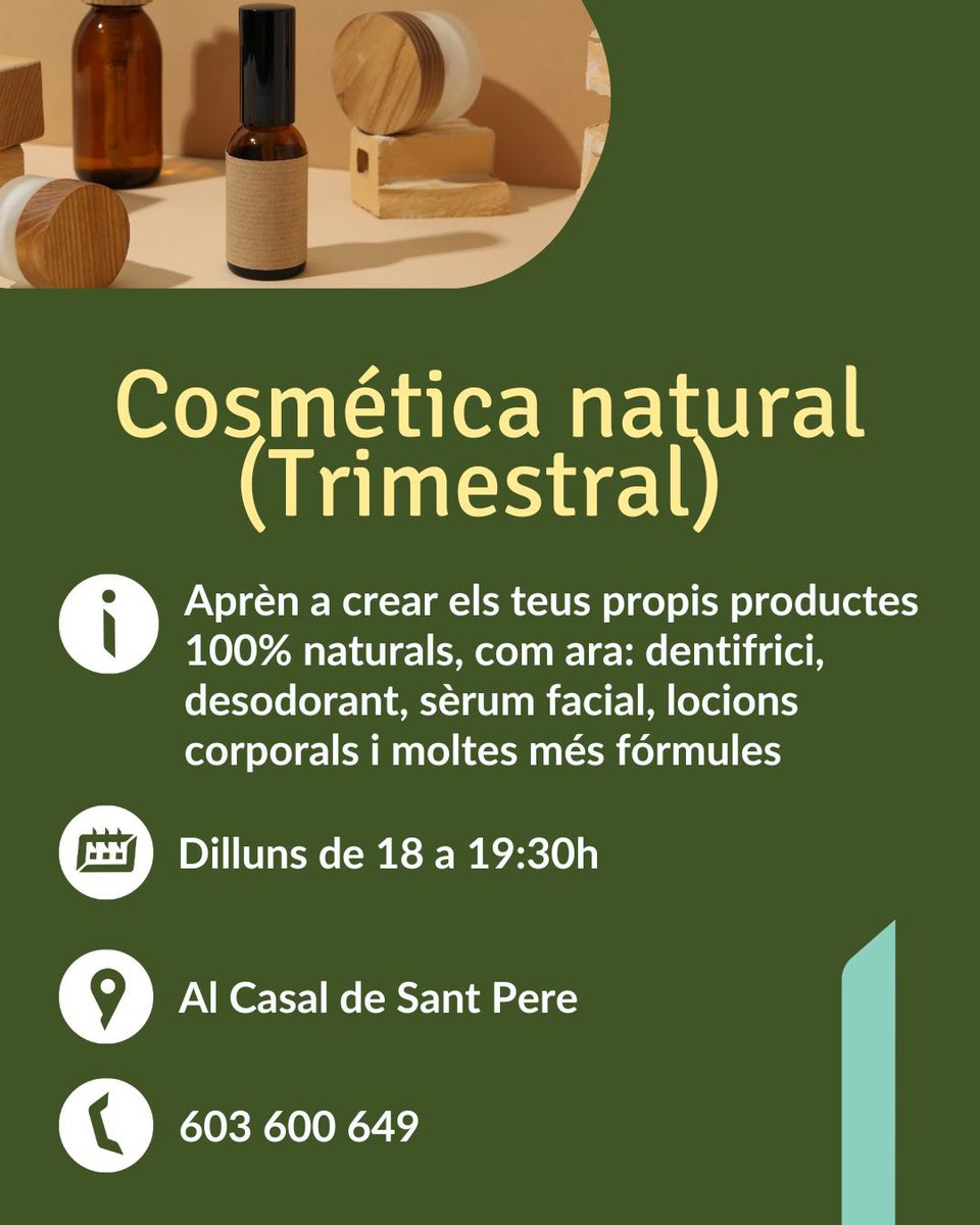 🌿 Nou taller trimestral de cosmètica natural al Casal de Sant Pere
🧴 Aprèn a elaborar productes naturals i sostenibles
📅 Dilluns | ⏰ 18.00–19.30 h
📍 Casal de Sant Pere