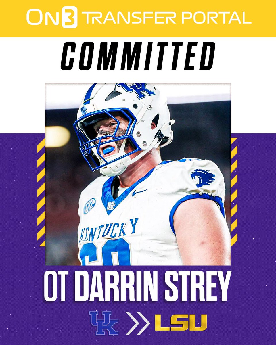 TransferPortal's tweet image. BREAKING: Kentucky transfer OL Darrin Strey has signed with LSU, @PeteNakos reports🐯

on3.com/transfer-porta…