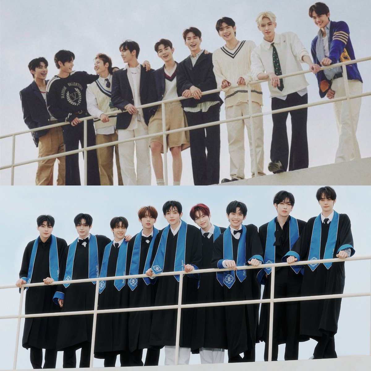 jiwoongiez's tweet image. the fact they are wearing school uniforms in the first pic and now they are wearing graduation gowns…omg