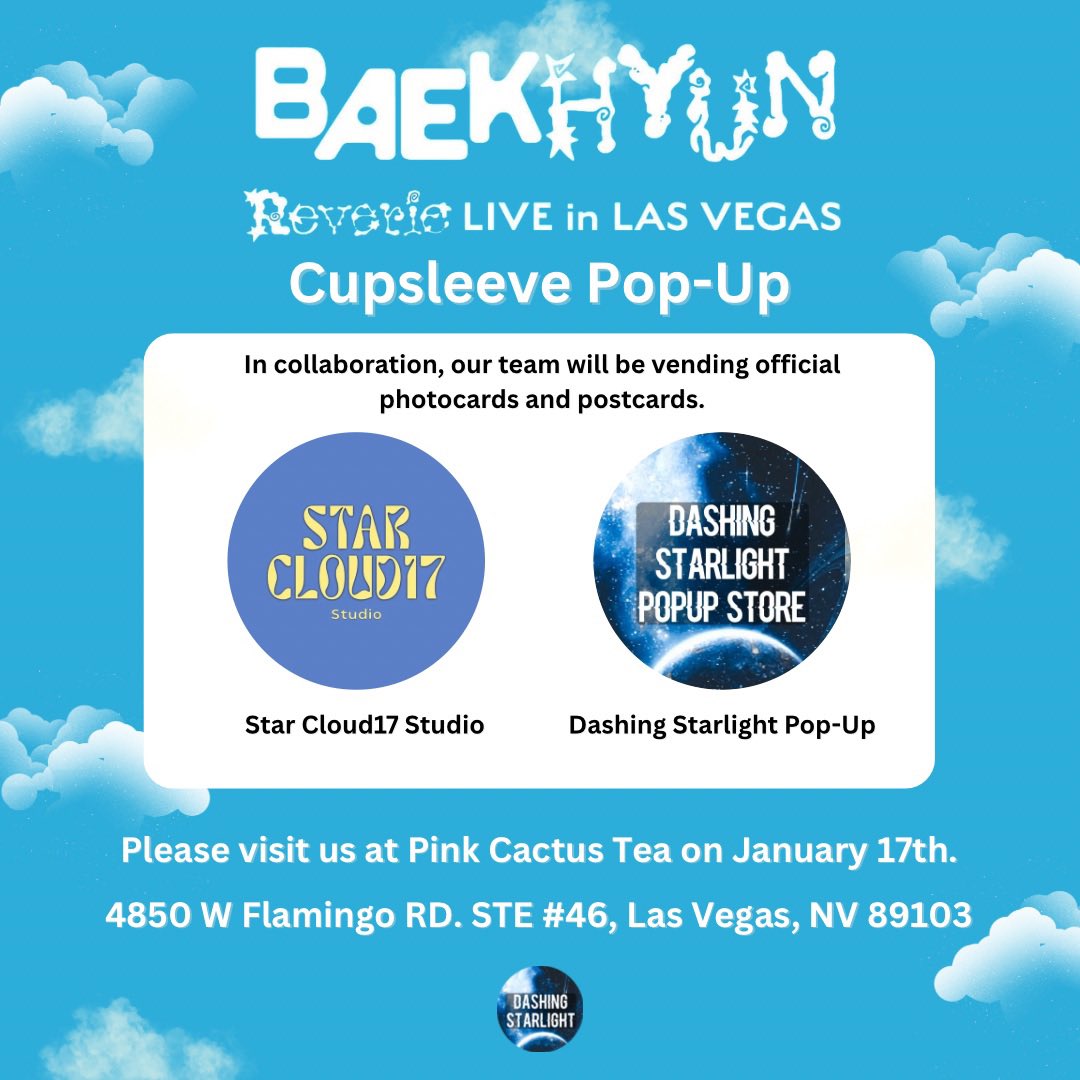 DashingSTL's tweet photo. Make sure to visit the event at Pink Cactus Cafe from 12-4pm. We will update you on the day of the event with more information. Thank you and make sure to cheer for Baekhyun!!!! 

Pink Cactus Tea

4850 W Flamingo RD.,
STE #46,
Las Vegas,
NV 89103 https://t.co/UTFLBzcMmS