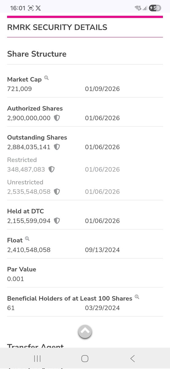 🚀 $RMRK: Ready for liftoff!  
Authorized shares: 2.9B — full throttle.  
Outstanding: 2.88B, with 2.53B unrestricted = massive freedom.  
📊 Float: 2.41B. Held at DTC: 2.15B. Liquidity? Off the charts.  
🔒 Only 348M restricted — minimal friction.   
💥 Market cap: 721K and clim