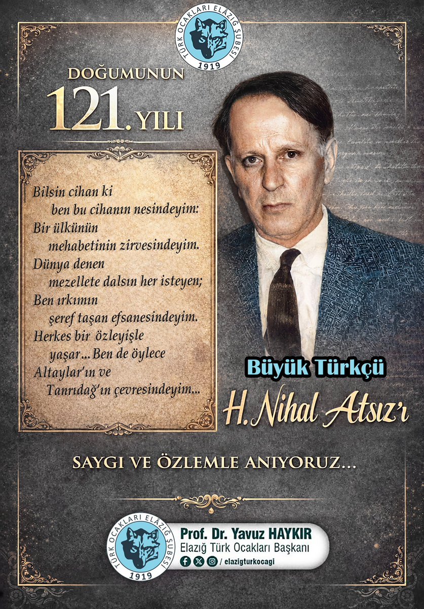 elazigturkocagi's tweet photo. Büyük fikir adamı, mücadele ve dava insanı, büyük Türkçü Hüseyin Nihal Atsız’ı doğumunun 121. yıl dönümünde saygı ve rahmetle anıyoruz. @turkocaklari @Mehmetoztarih @YavuzHaykir 
#VaktiyleBirAtsızVarmışVarOlsun https://t.co/nLIwJaFvqC