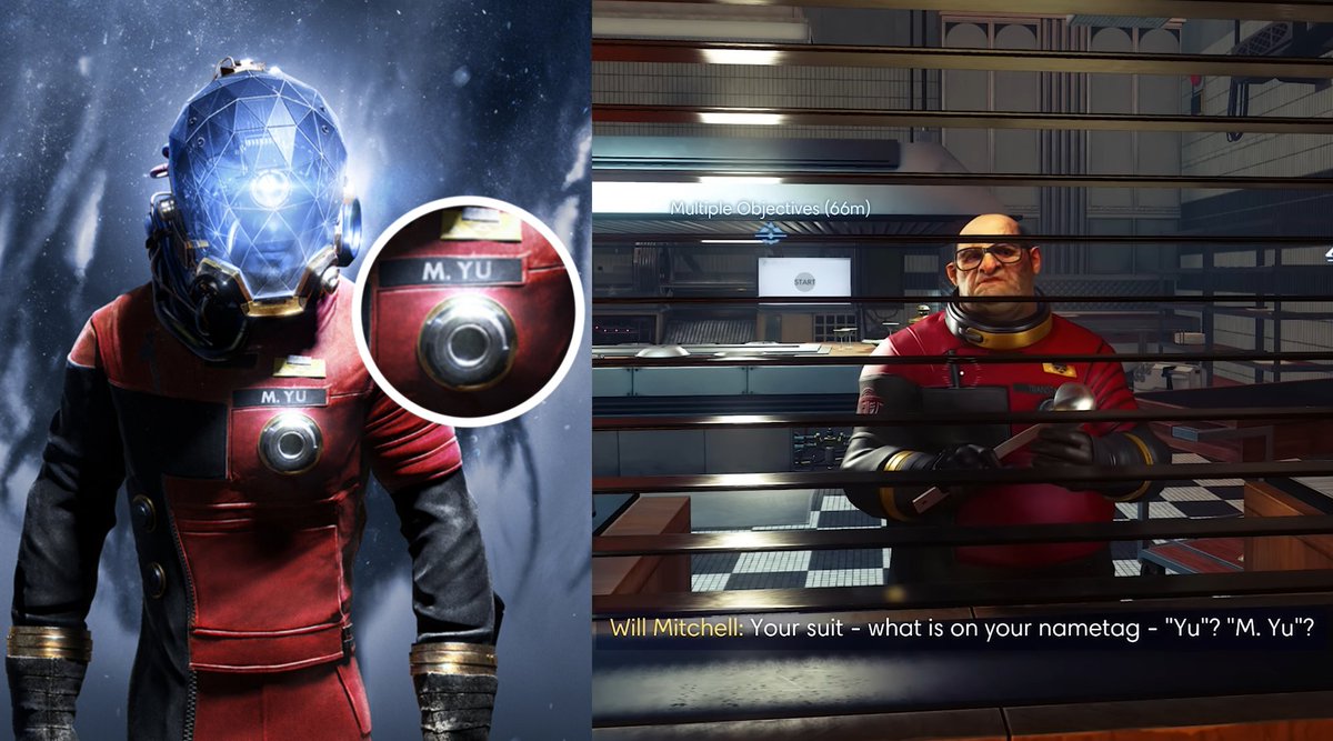PREY is so realistic that Arkane added subtle identification details to Morgan's suit, which 99% players will never notice.

It even triggers a side quest. Notice how the cook is reading them.