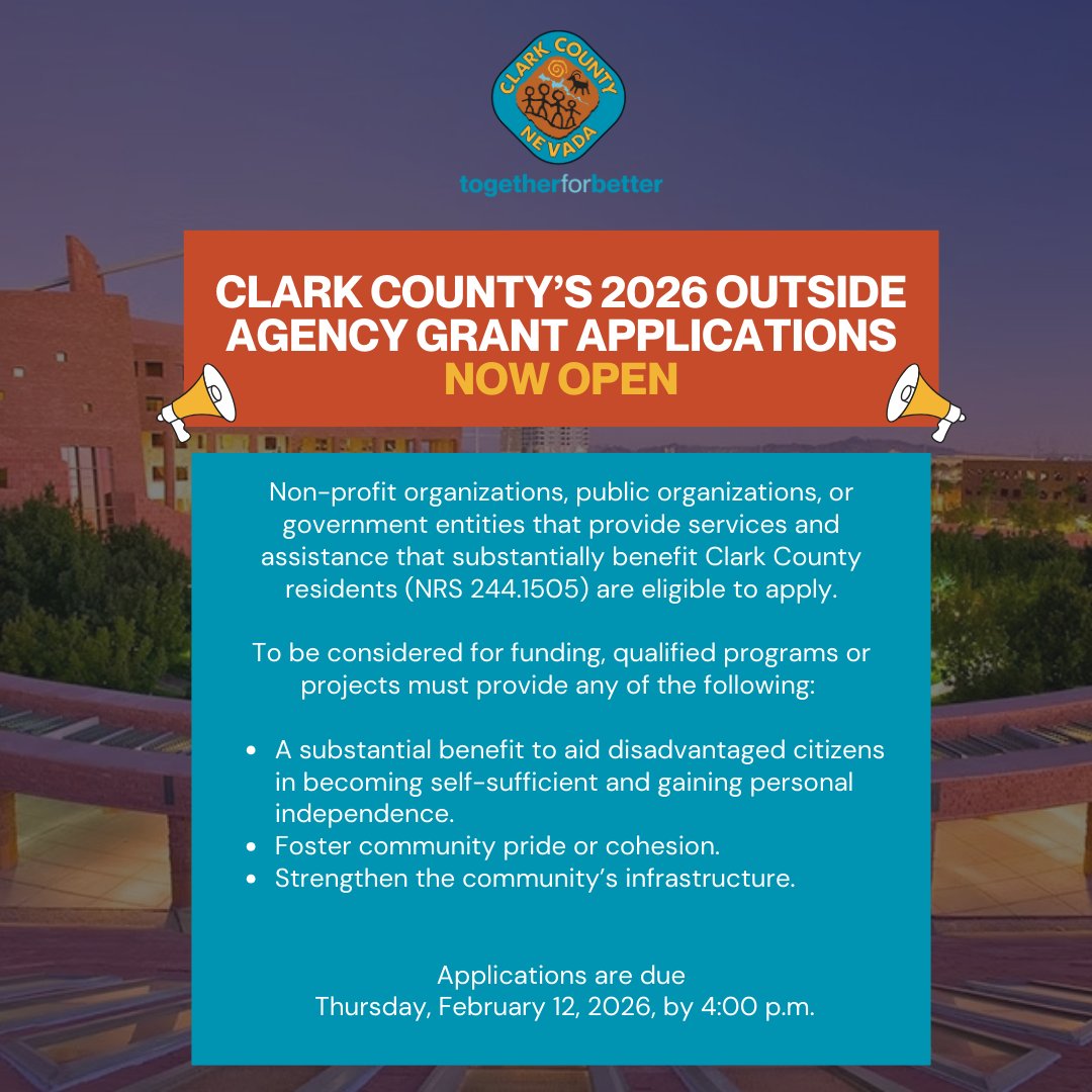 NOW ACCEPTING APPLICATIONS ✨

The Clark County Outside Agency Grant (OAG) application period for the fiscal year 2026/2027 opens Monday, January 12, 2026, at 9 a.m. 
Non-profit organizations, public organizations, or government entities that provide services and assistance that