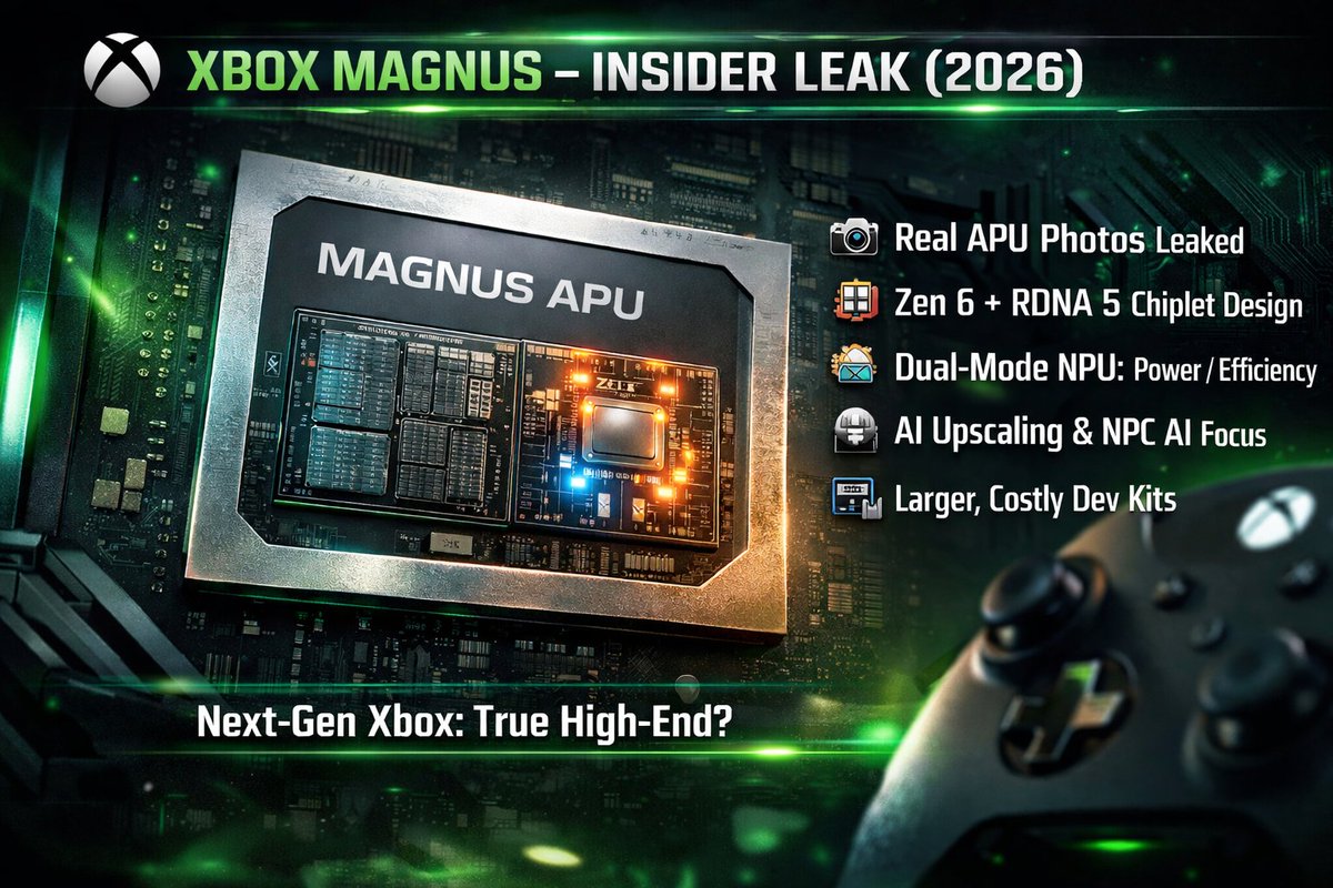 RedCoastGaming's tweet photo. 🚨 Xbox Magnus (2026)

🔸 Alleged real APU photos
🔸 Zen 6 + RDNA 5 chiplet
🔸 Dual-mode NPU (power / efficiency)
🔸 AI upscaling &amp; NPC AI focus

👀 True high-end Xbox?

#XboxMagnus #XboxLeaks #NextGen https://t.co/WpaRA5i786