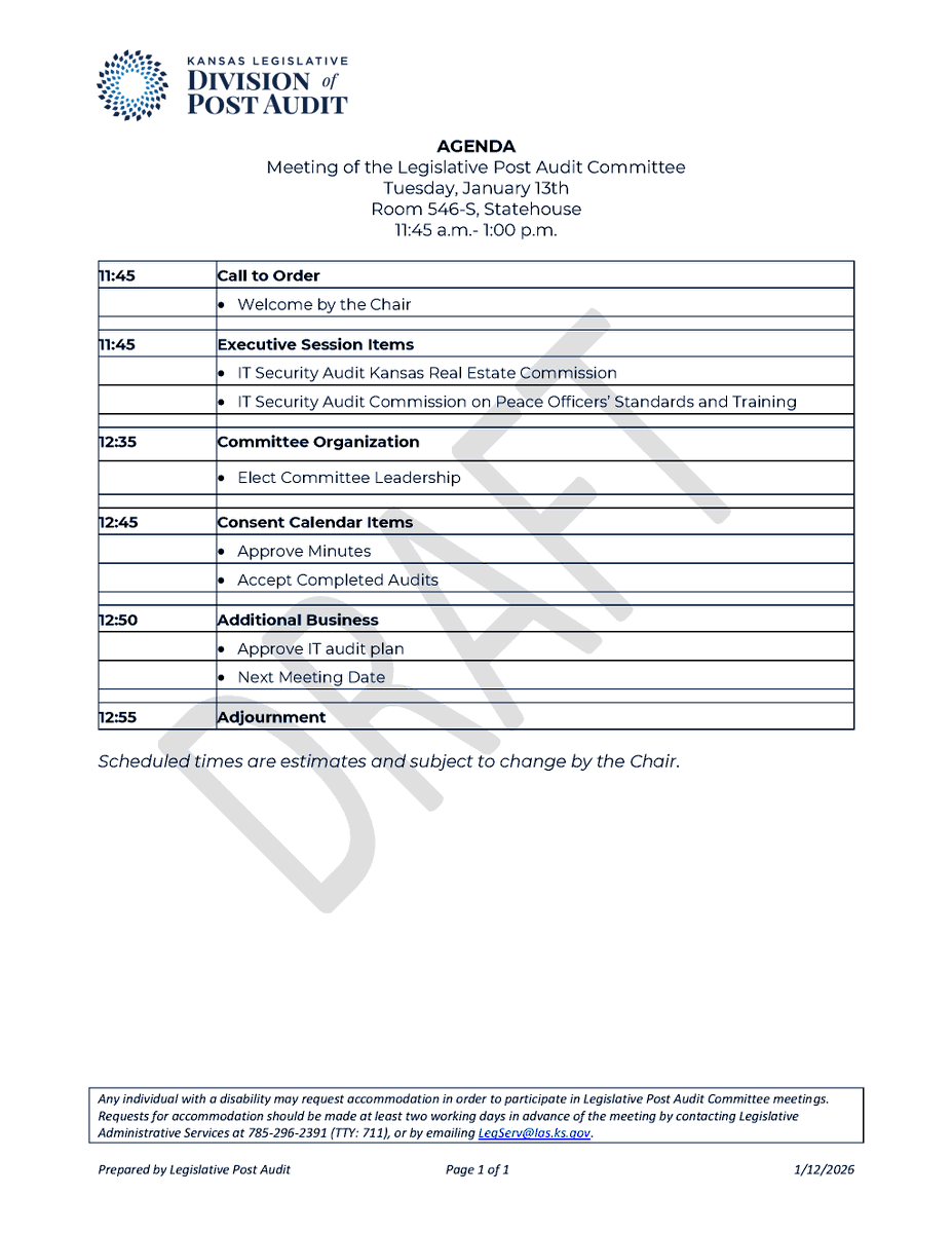 KsAudit's tweet photo. LPAC will meet Tuesday, 1/13 to elect committee leadership and approve the IT audit plan. Watch teh meeting at https://t.co/PdiqRkVcef #ksaudit #ksleg https://t.co/vvy6LMxd7o