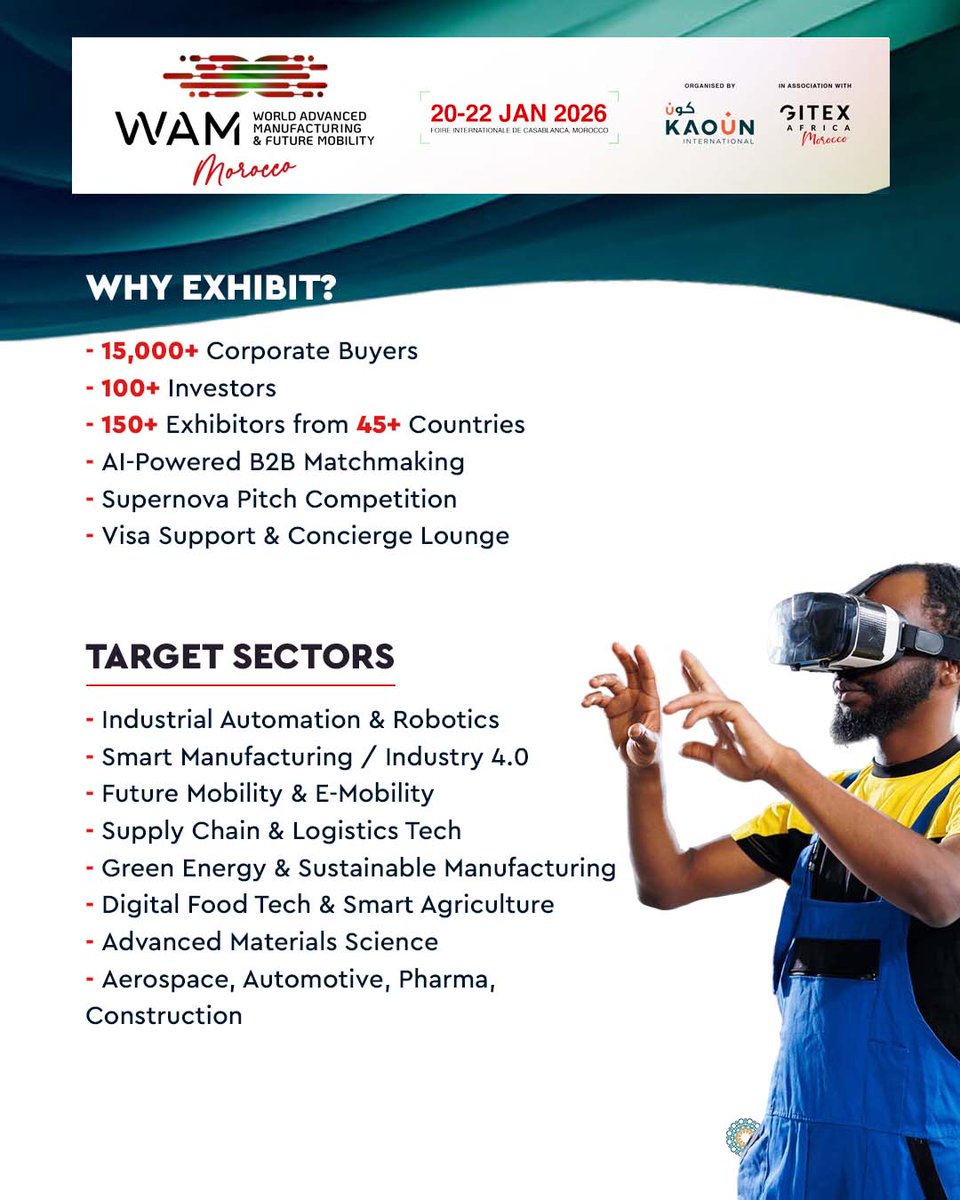 AfriLabs's tweet photo. 🚨 AfriLabs Members Opportunity
Showcase your startup at WAM Morocco 2026, Africa’s leading Advanced Manufacturing & Future Mobility event.
🗓 20–22 Jan | 📍 Casablanca
Exclusive AfriLabs rates available.
📘 Details: https://t.co/AChnX3Be61
#WAMMorocco #AfriLabs #AfricanStartup https://t.co/ZkOqSa2GPA