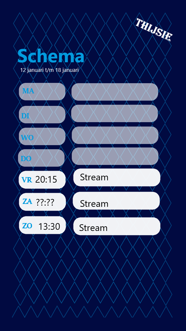 Thijsie_games's tweet photo. Hierbij de streamplanning van deze week, 
Zaterdag heb ik vraagtekens erop gezet, omdat ik dan een verjaardag ergens heb, maar daarna wel naar huis ga. Maar weet nog niet hoe laat ik dan terug ben. 
Dus ik hoop jullie allemaal te zien bij de streams, tot dan!!! https://t.co/u2T2RuZiJk