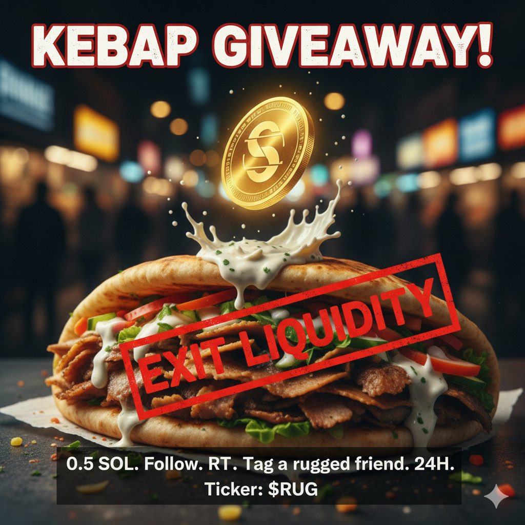 DevRug59180's tweet photo. KEBAB GIVEAWAY! 🥙💸

Giving 0.5 SOL to one lucky degen. Buy a meal and stop crying about your rugs. 📉

To enter:

1. Follow (500 followers = $RUG launch) 🚩

2. RT &amp; Tag a victim of the trenches. 👟🤡

Winner in 24h. Maybe. 🌯🌅
#Solana #Giveaway #KebabGang #$RUG https://t.co/QBAT4a5Rrn