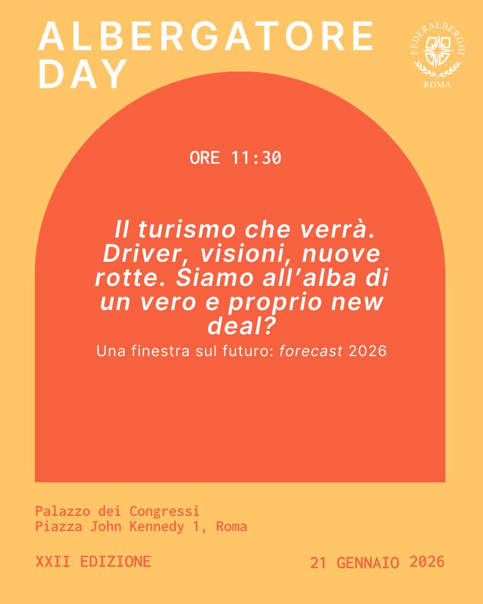 📢 Albergatore Day, evento di <a href="/FederalberghiRM/">Federalberghi Roma</a> , è alle porte!  - 9 giorni al grande evento! Torna il convegno istituzionale dell’Albergatore Day!  

Ricordati di richiedere il tuo accredito per partecipare all’evento platform.eventboost.com/e/ad-2026/4503…