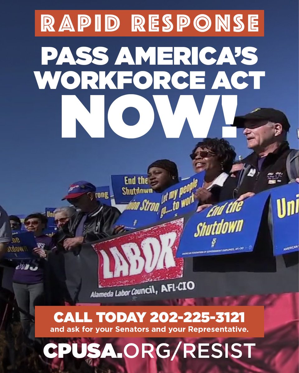 communistsusa's tweet photo. Pass the Protect America's Workforce Act Now!

Call write or visit your US Senators during the holiday break and demand they immediately restore collective bargaining rights to federal workers by passing the bi-partisan Protect America's Workforce Act (S.2837) already passed by the House.  Trump's illegal removal of collective bargaining rights from 75 percent of federal workers is an assault on the large number of women and workers of color in the federal workforce and on all workers.  If federal workers, who provide vital public services, can be stripped of their democratic union rights, all workers and their communities are endangered.  Pass S.2837 now,

Call 202-225-3121 today and ask for your US Senators. Click here to send them a letter: https://t.co/FubnYhBF3N

Please share with your coworkers, friends, family, and neighbors.