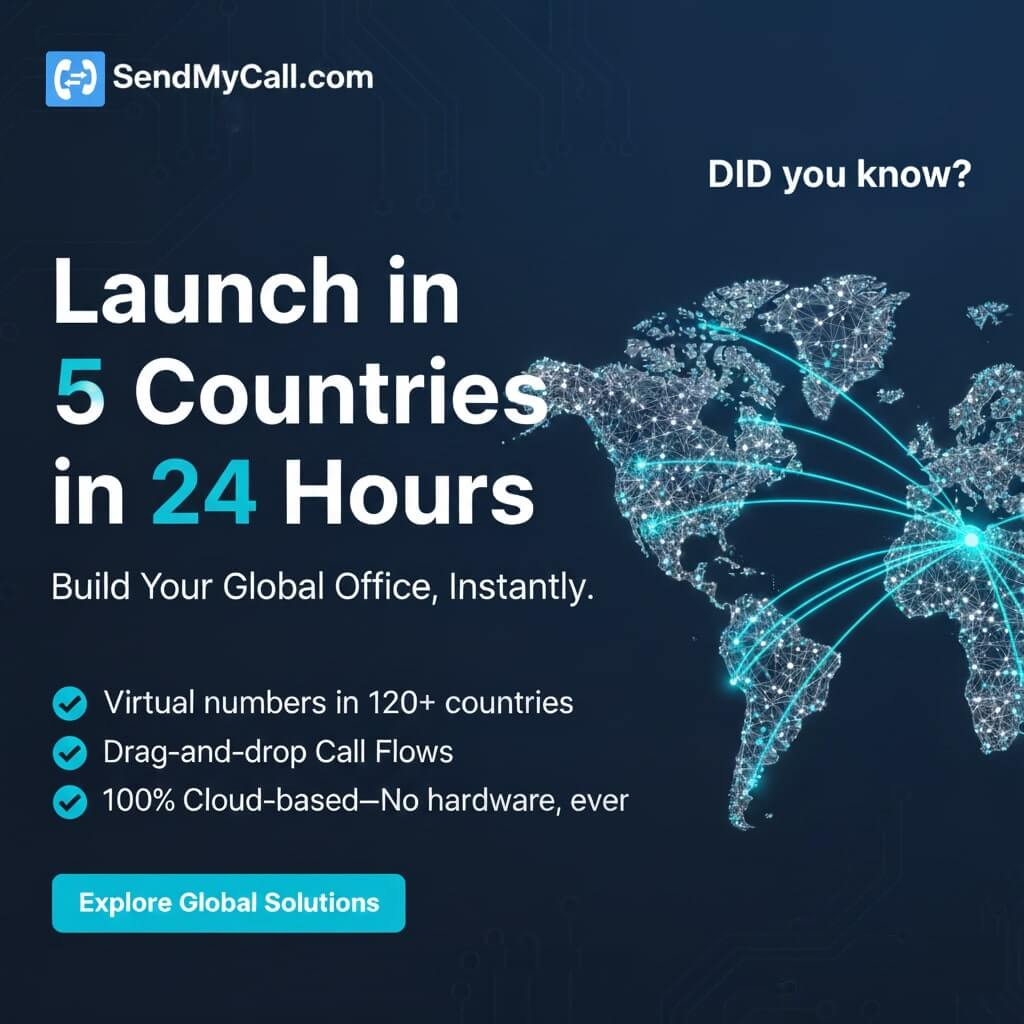 SendMyCall's tweet image. Launch in 5 countries in 24 hours? 🌏

In 2026, you don't need physical offices to go global. You need a smarter communication strategy.

Learn how to: 
📍 Get local numbers in 120+ countries 
⚙️ Automate global Call Flows 
📱 Connect remote teams via app

Full Blueprint:…