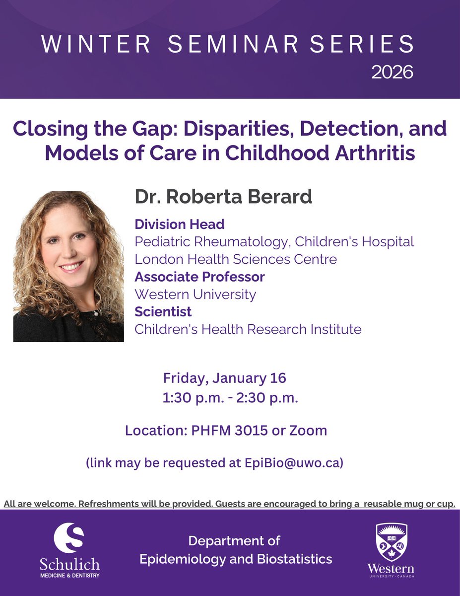 westernuepibio's tweet photo. 📢Join us for our weekly Seminar Series featuring Dr. Roberta Berard, Division Head of Pediatric Rheumatology at the Children’s Hospital.

Topic: "Closing the Gap: Disparities, Detection, and Models of Care in Childhood Arthritis"
Date: Friday, Jan 16, 1:30 pm
@SchulichMedDent https://t.co/SeU7Bo7hnE