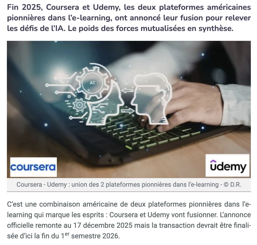 exclusiverh's tweet photo. 🤝 #HRTECH | @coursera &amp; @udemy ont annoncé leur fusion pour relever les défis de l’IA.

Synthèse de la mutualisation ➡️ https://t.co/mSUqkAd38b 

#elearning #Coursera #Udemy #fusion #rh #hrtech https://t.co/amM3GXyaki