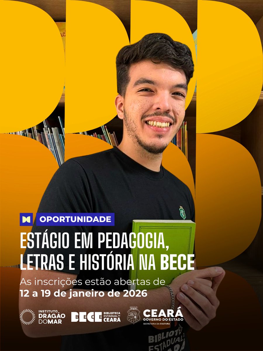 somosIDM's tweet photo. Oportunidade em Fortaleza/CE | A Biblioteca Pública Estadual do Ceará (Bece) abre seleção para novas pessoas estagiárias nos cursos de Pedagogia, Letras – Português e Literatura e História.

🗓️ Inscrições até 19 de janeiro de 2026. https://t.co/Ks3ZNCJt4l