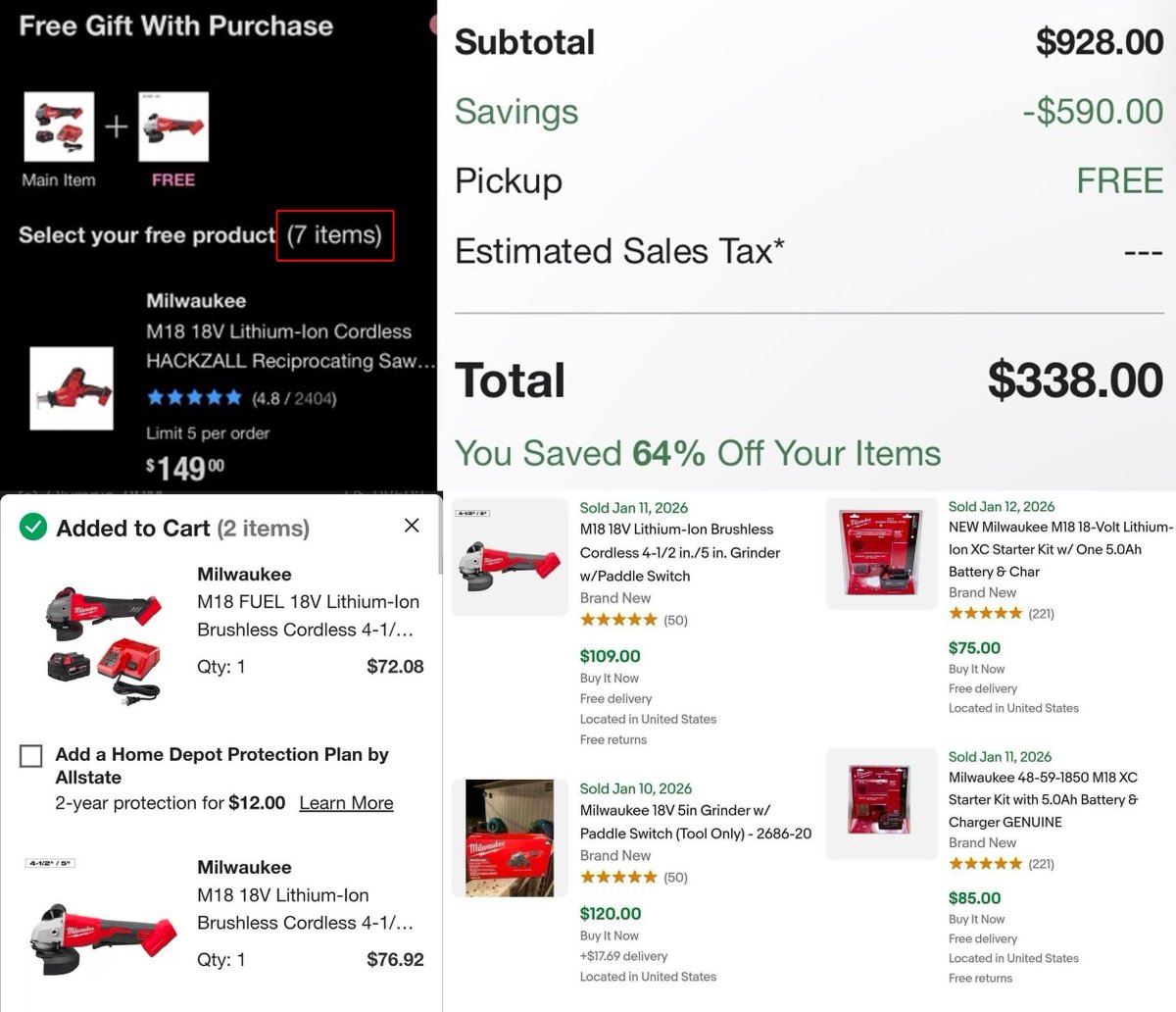 Pricerrors's tweet photo. FREE MILWAUKEE TOOL WITH PURCHASE 🛠️

Purchase and return the free tool @ Home Depot

Total cost for grinder + starter kit should be about $72. 

The Battery alone covers that. (Free Returns)

https://t.co/gOmmq9E7oD