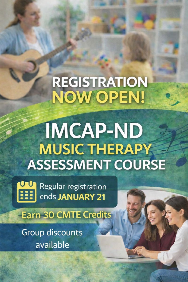 IMCAP-ND Music Therapy Assessment Course
Registration now open
30 CMTE credits
Ends January 21
Group discounts available

#IMCAPND #MusicTherapy #CMTE #ContinuingEducation