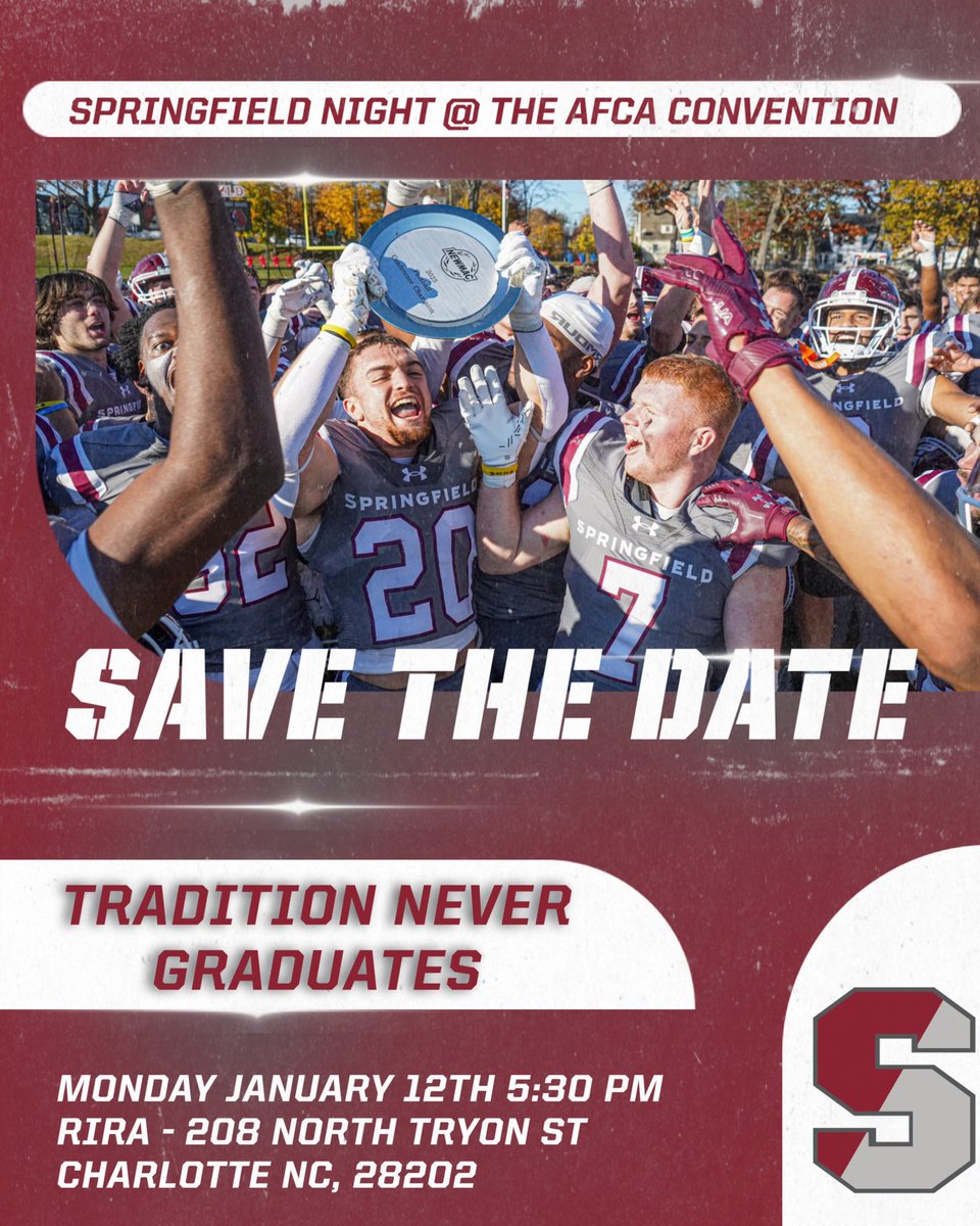 _SCFootball's tweet photo. It’s Springfield Night‼️🔻
Tonight at 5:30pm we’re bringing our coaching alumni together at RiRa. We can’t wait to catch up, share stories, and celebrate what makes this brotherhood special.
#LTBR #SCGUYS https://t.co/HLSnOAjiQi