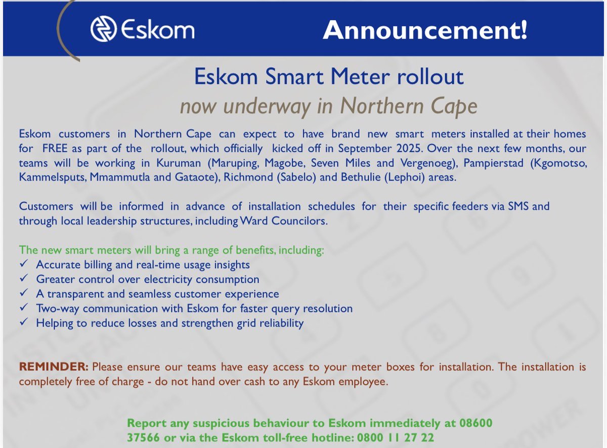 Eskom_SA's tweet photo. #EskomNorthWest
#SmartMeterRollout https://t.co/VTLQurJQDa