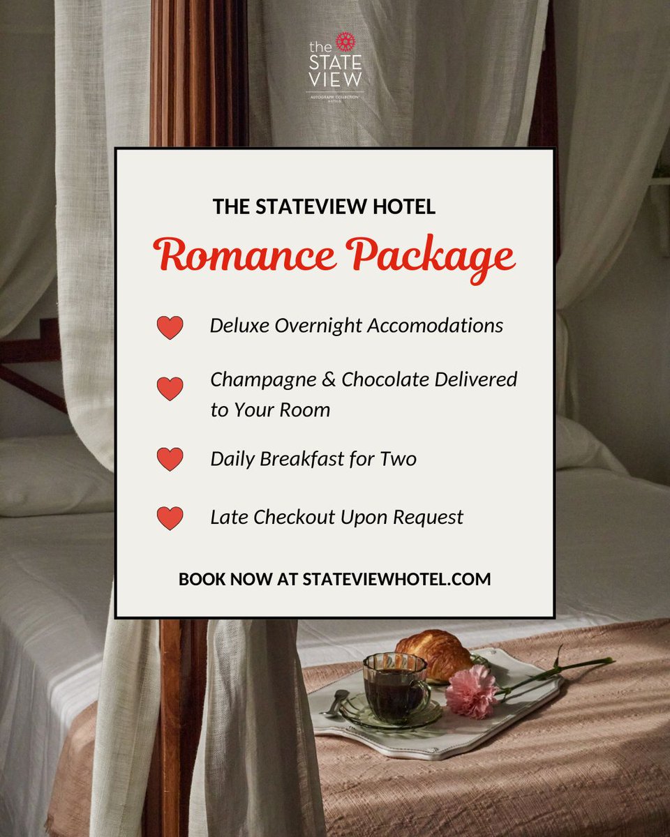 StateViewHotel's tweet photo. Celebrate love with a romantic getaway at The StateView Hotel.🌹
Deluxe room, champagne &amp; chocolate, breakfast for two, and late checkout. Make it unforgettable! ✨

Book now: https://t.co/9NJKAaiW85 https://t.co/kWmjNQDj5z