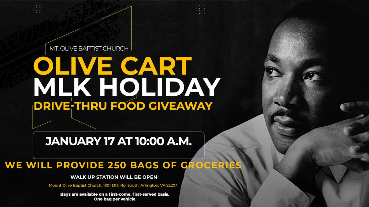 CISGunston's tweet photo. Saturday Jan. 17th at 10am in partnership with Capital Area Food Bank, Mount Olive Baptist Church hosts their MLK Drive-Thru Food Giveaway with 250 bags. The public will be asked to remain in their vehicles for a drive-thru pick-up.
1601 South 13th Rd, Arlington, VA  22204 https://t.co/f3P0SdmEzP
