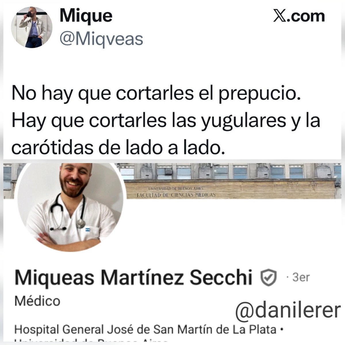 URGENTE, FUE SUSPENDIDO Y SERA SUMARIADO Miqueas Martínez Secchi @miqveas_, el médico de terapia intensiva del Hospital General José de San Martín de La Plata que pedía cortar las yugulares y carótidas a los judios.