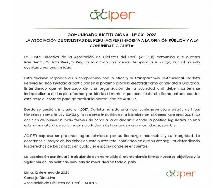 La transparencia es el valor que nos mueve. 🚲
​Nuestra presidenta, Carlota Pereyra, ha solicitado licencia a su cargo para asumir un nuevo reto personal y político. Respetamos su decisión y celebramos su compromiso con el país. ¡Éxitos, Carlota! 🙌
​Lee el comunicado: