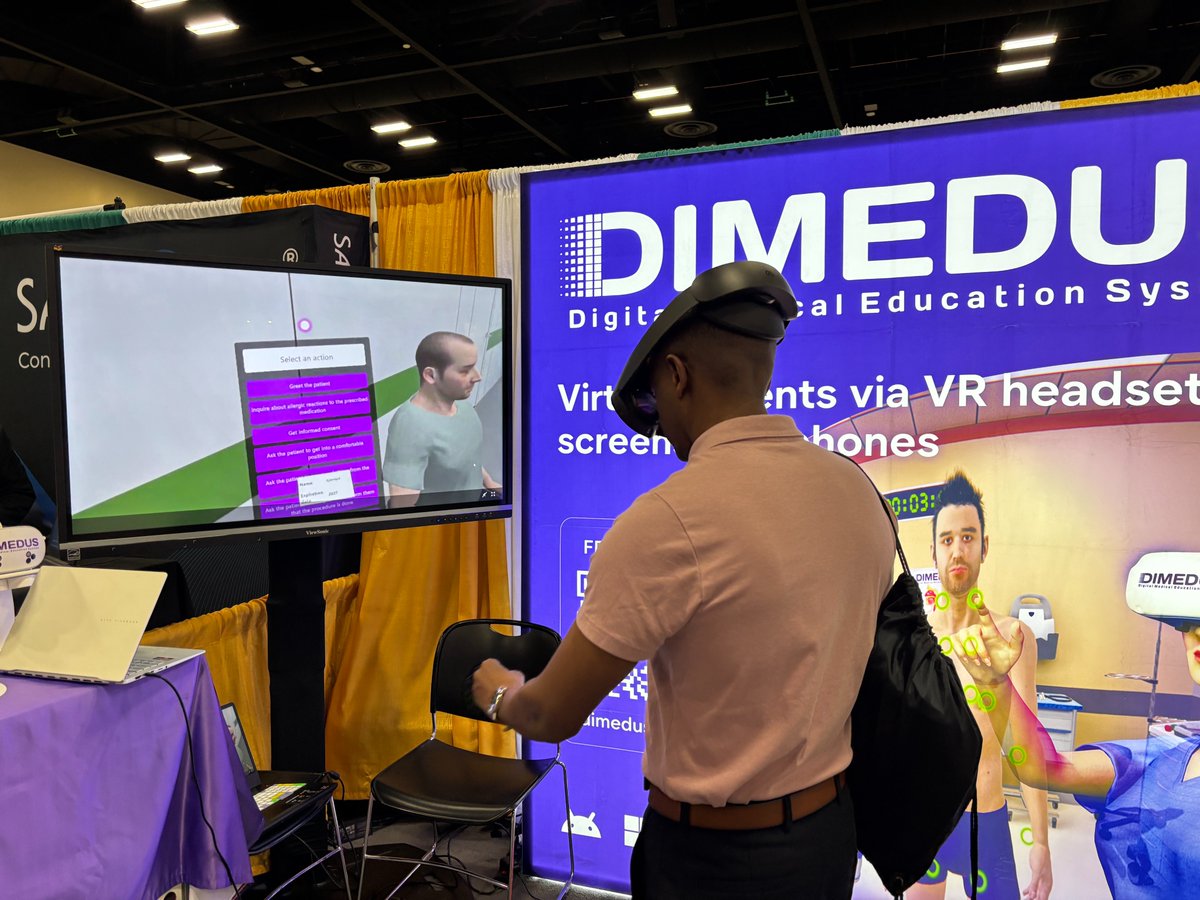dimedus's tweet photo. IMSH 2026 Day 2: The VR energy is real! ⚡🤖

We are back at Booth 1143. Come and see our multiplayer ambulance case or have a live conversation with a virtual patient.

#IMSH2026 #VirtualClinic #MedicalSimulation #DIMEDUS #VirtualPatient https://t.co/unE9Z5JeJg