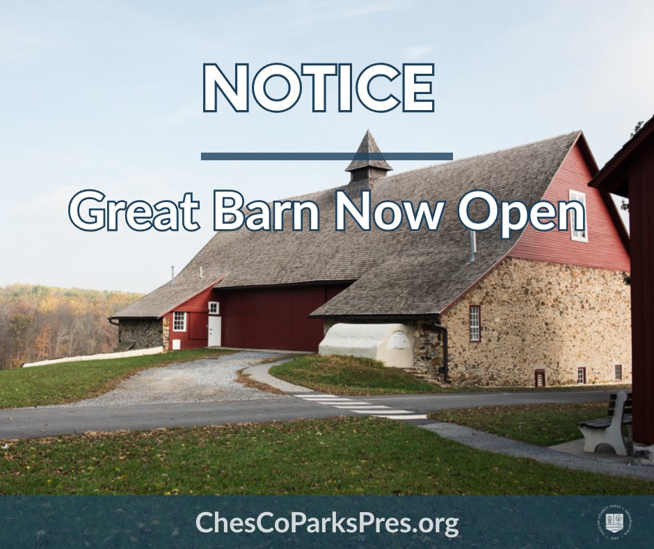 ChesCoParksPres's tweet photo. We are happy to report that the Great Barn at Springton Manor Farm has reopened for visitors. Please come say hi to the animals! https://t.co/5LbAEUuqUF