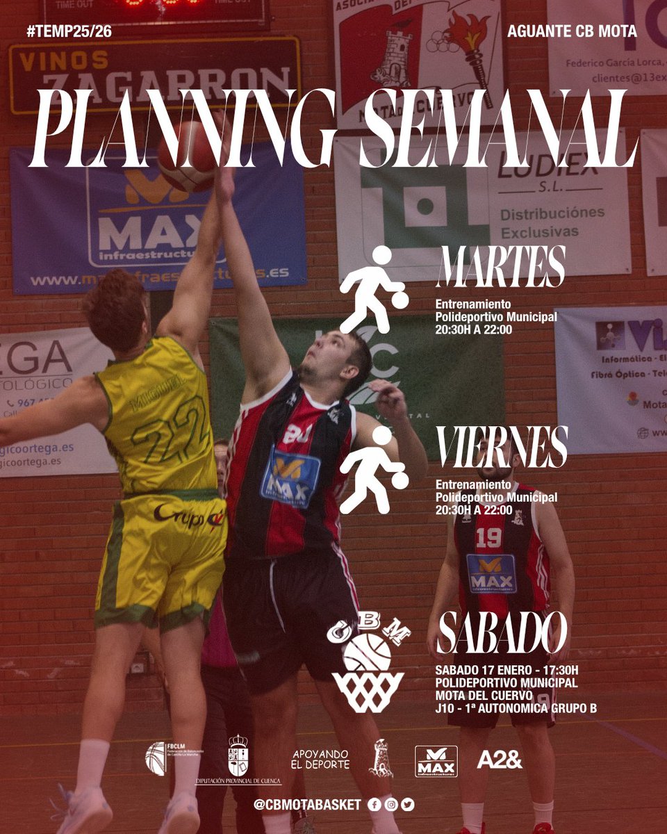 🗓️ PLANNING SEMANAL DE ENTRENAMIENTOS

🏀 13 Enero | 20:30H a 22:00H

🏀 16 Enero | 20:30H a 22:00H

🏀 17 Enero | 17:30H
🏆 J10 - 1ª AUTONOMICA GRUPO SUR
🆚 <a href="/CBManzanares/">CB Manzanares</a>  

#cbmota #baloncesto #fbclm

@fb_clm @dipucuenca @comunicacion_mota