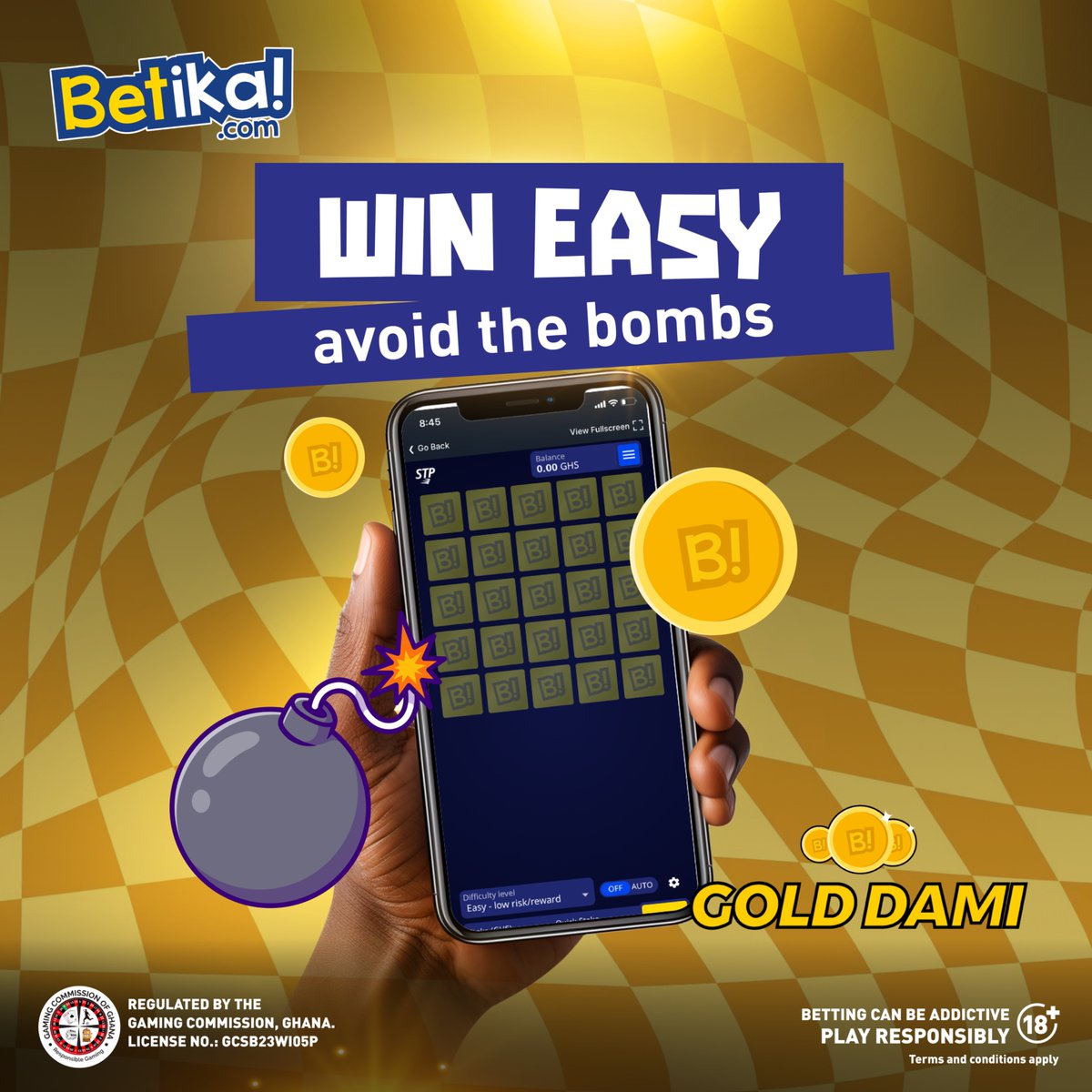 Betika_Ghana's tweet photo. Unveil treasures in Gold Dami. Open tiles and discover coins for big wins. Conquer all tiles, dodge bombs, and collect stars for an epic triumph! Play here: https://t.co/kEv56QUVfj #Betikagh #BetikaFasta #GoldDami #RefernChop #BetikaApp https://t.co/RLsHzt3tR4