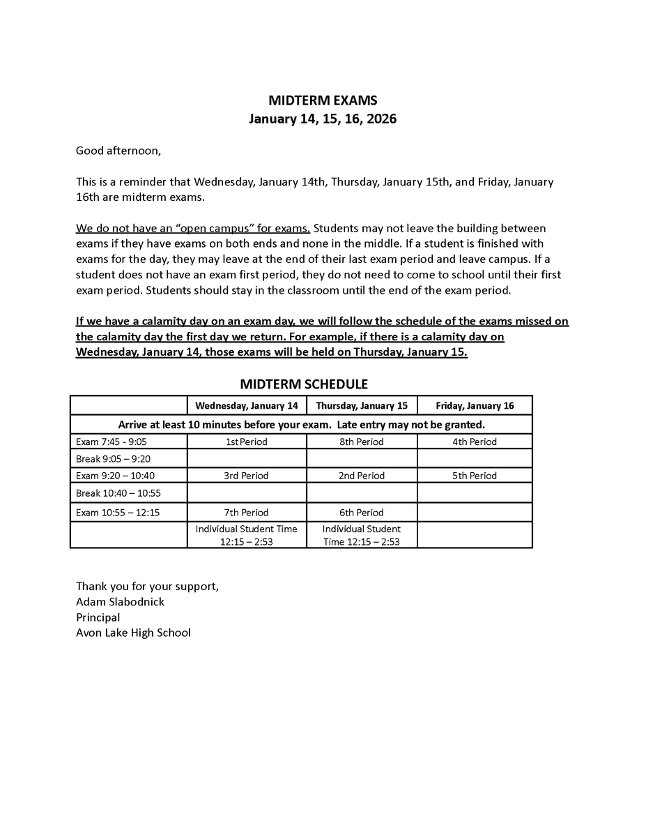 AvonLakeHS's tweet photo. ALHS Families: This communication was sent via School Messenger last week regarding midterm exams. Please reach out to your grade level administrator with any questions! Good luck with exams this week! 📚 https://t.co/x9hYf7xDjv