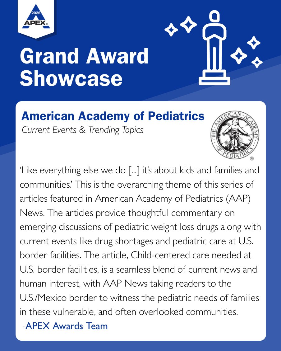 American Academy of Pediatrics is where expertise, empathy, and excellence meet. Join us in congratulating <a href="/AmerAcadPeds/">American Academy of Pediatrics</a> and Staff Writer, Steve Schering (@steveschering), on their 2025 APEX Grand Award! 👏🏆