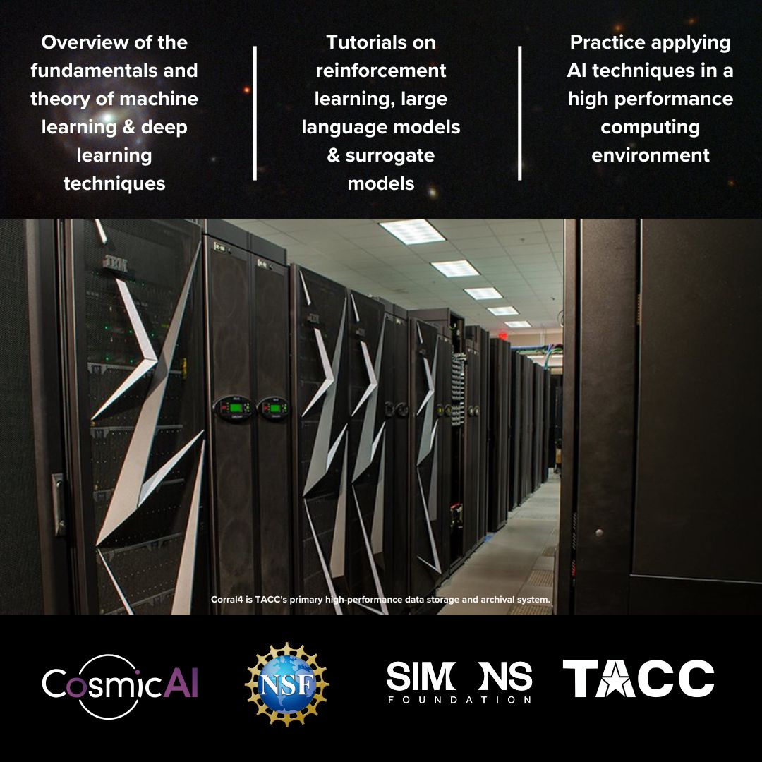 CosmicAI_Inst's tweet photo. Registration is open! AI Boot Camp For Astronomers
Presented by the NSF-Simons AI Institute for Cosmic Origins and the Texas Advanced Computing Center @TACC
June 1st-5th 2026
Location: Pickle Research Campus, @UTAustin 
Learn more https://t.co/zFabH3OH8B https://t.co/XaQAETG0IB